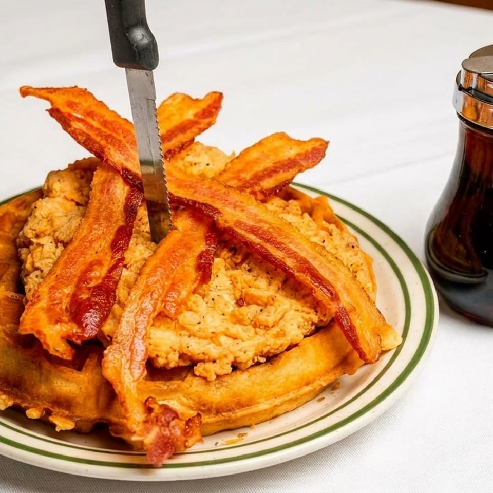 Chicken and waffles with bacon and a knife, served with a syrup dispenser.
