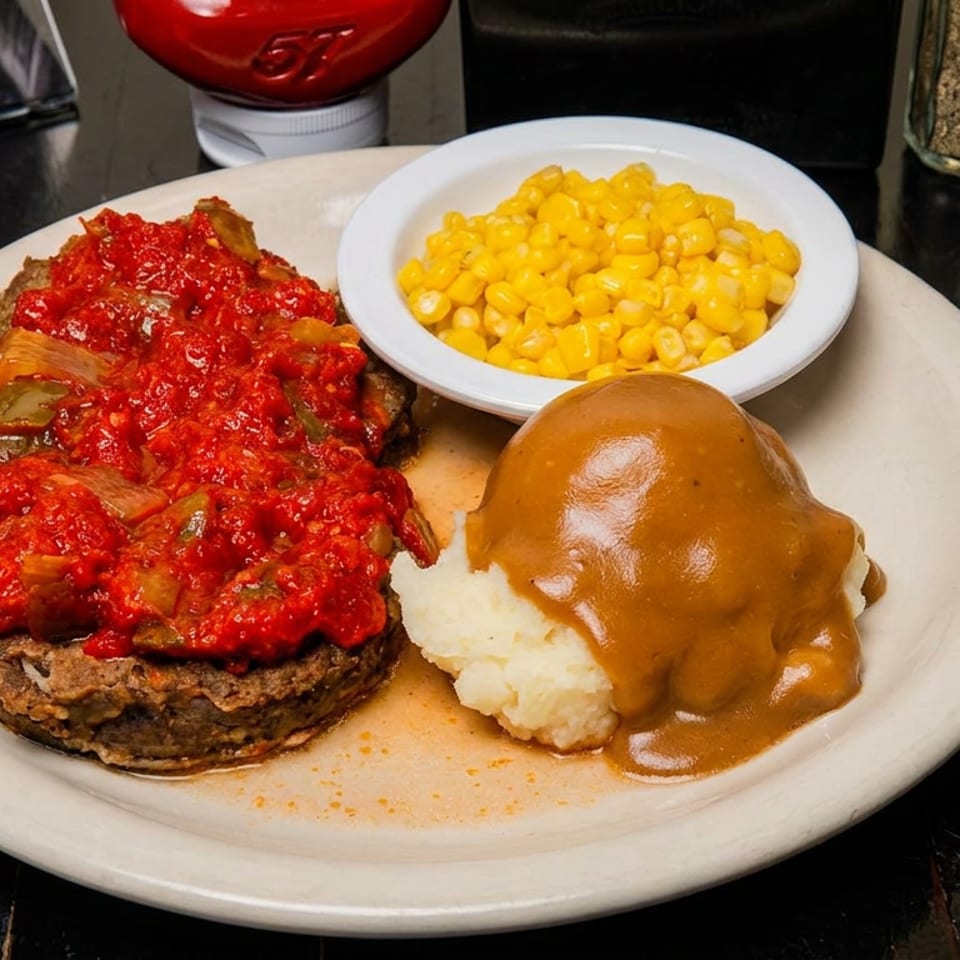 Meatloaf with red sauce, mashed potatoes with gravy, and a side of corn on a white plate.
