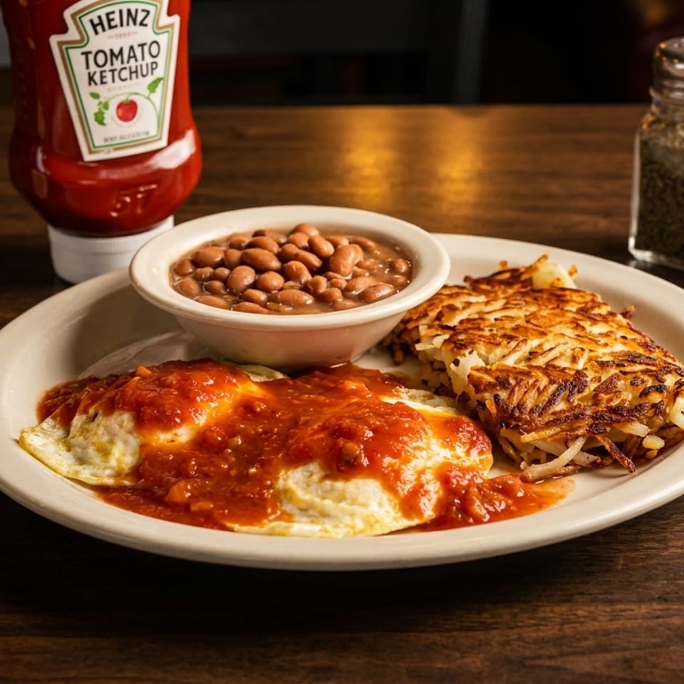 Breakfast plate with eggs covered in salsa, hash browns, and a side of baked beans.