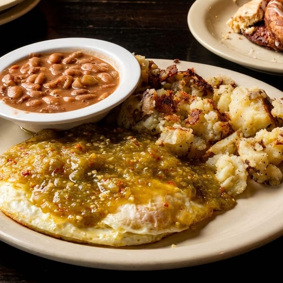 Breakfast plate with eggs covered in green chile, home fries, and a side of pinto beans.