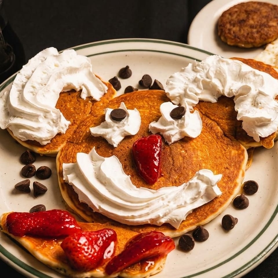 Pancakes decorated like a smiling face with whipped cream, strawberries, and chocolate chips.