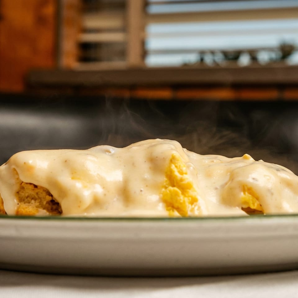 Steaming hot biscuits and gravy on a white plate, with a restaurant booth in the background.