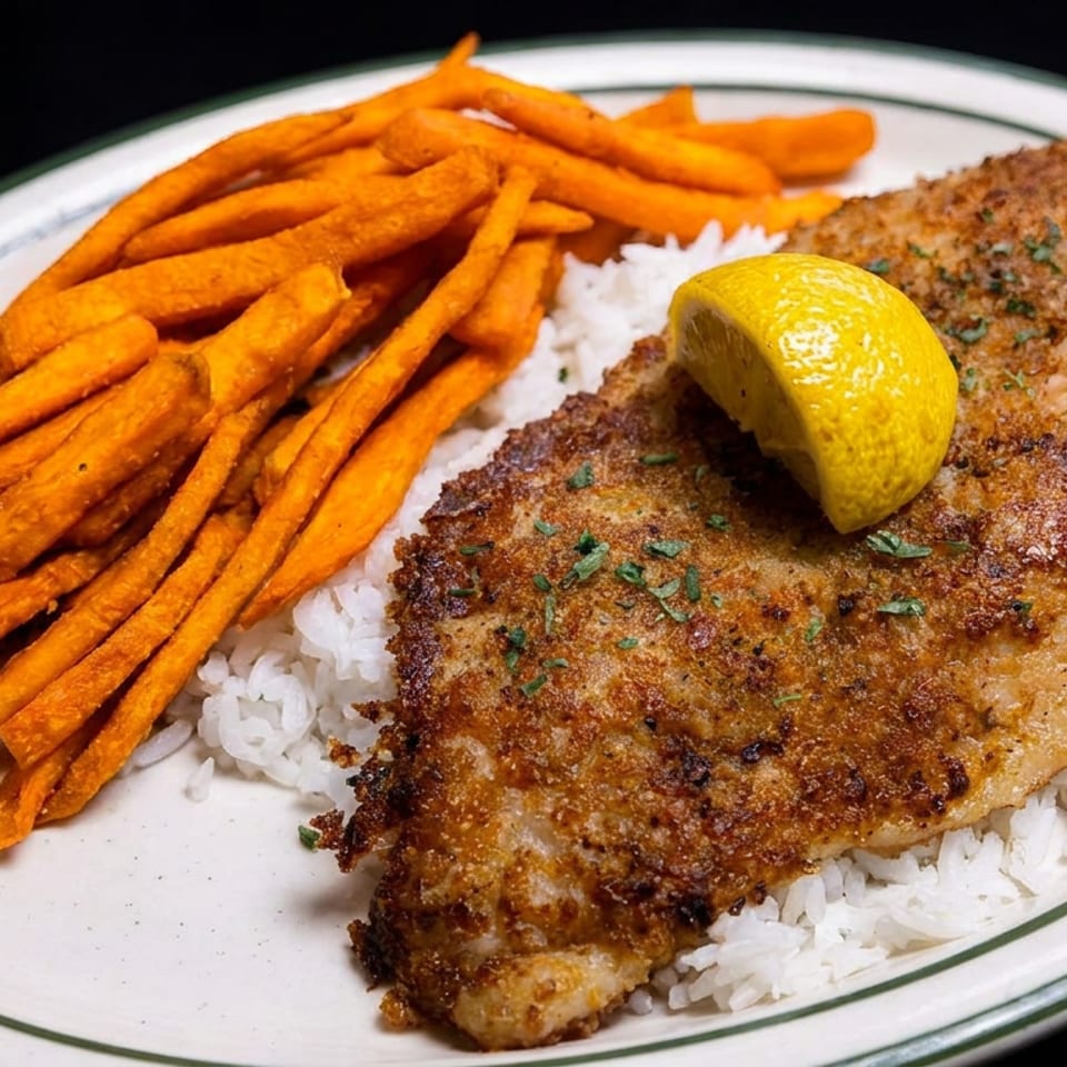 Crispy fried fish fillet with a lemon wedge, served over white rice and sweet potato fries.