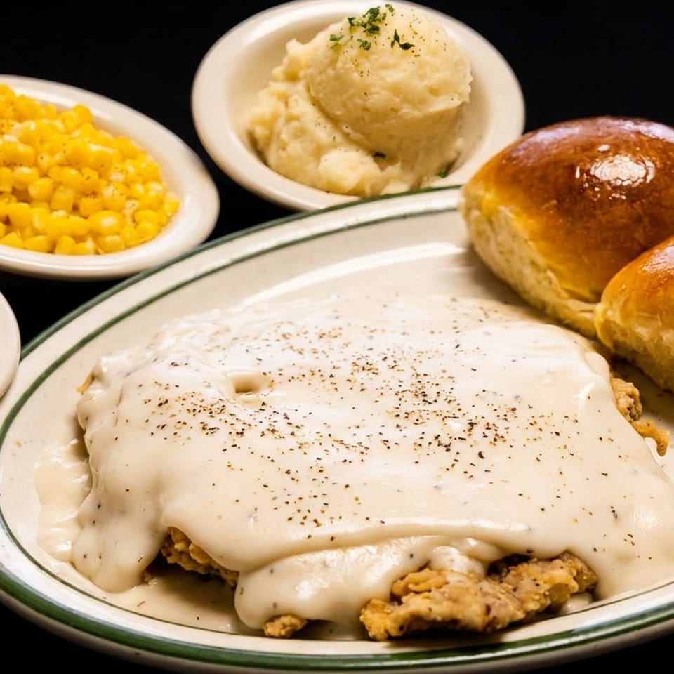 Chicken fried steak with gravy, mashed potatoes, green beans, corn, and dinner rolls.