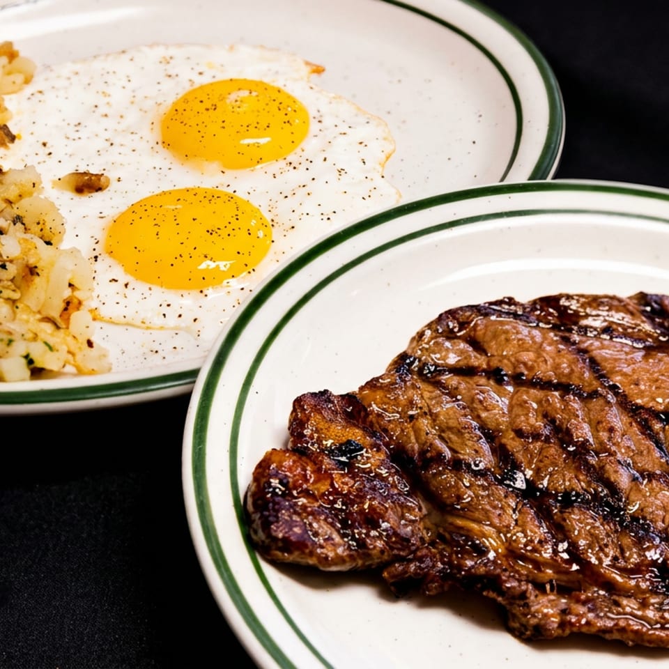 Grilled steak, hash browns, and two fried eggs with pepper on white plates with green rims.