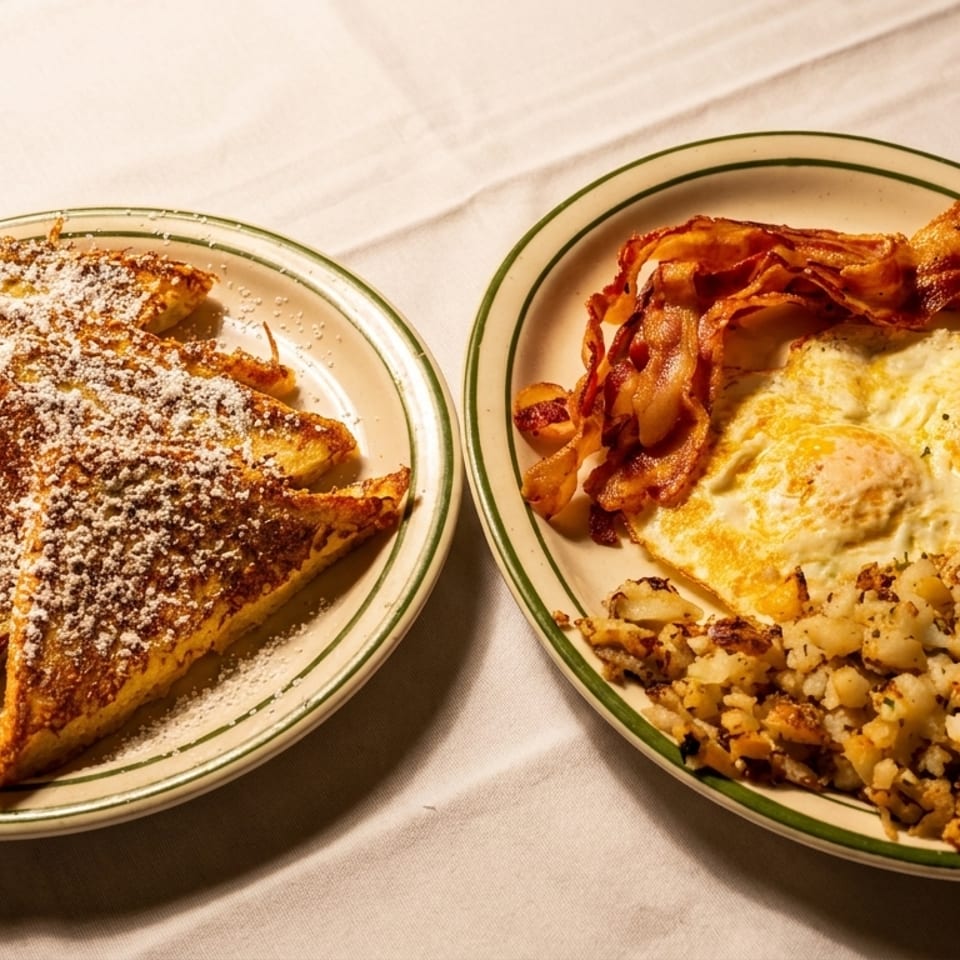 Two plates of breakfast food: French toast with powdered sugar, and bacon, eggs, and hash browns.