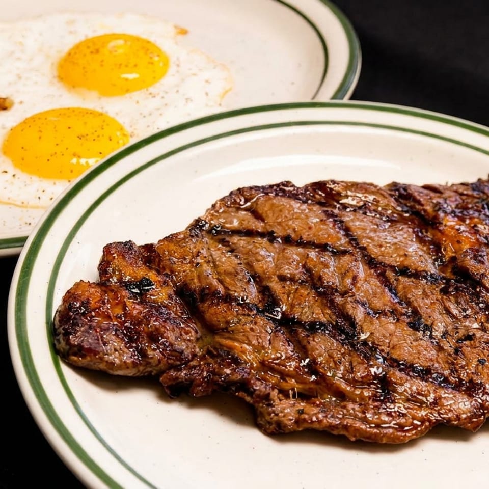 Grilled steak with hash browns and two sunny-side-up eggs on white plates with green rims.