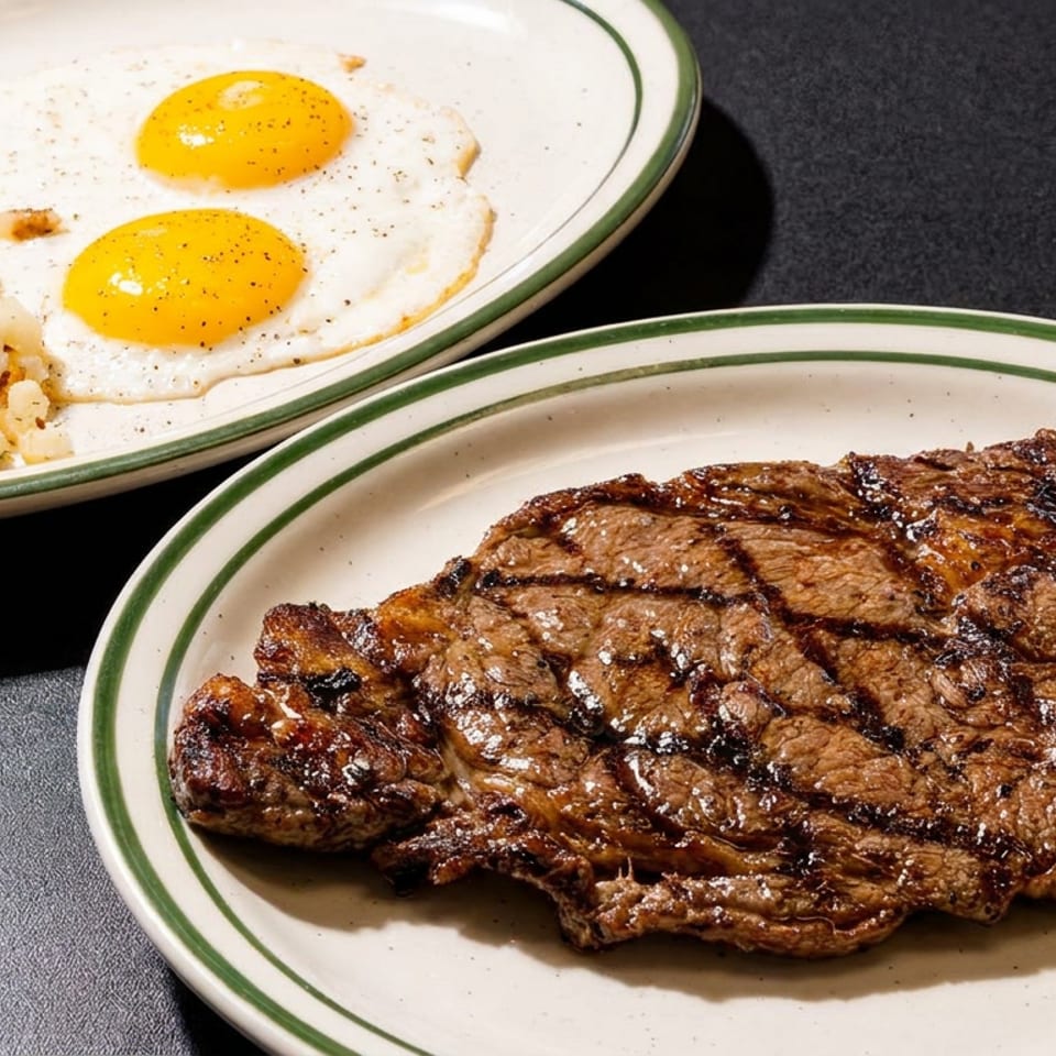 A grilled steak on a plate next to another plate with fried eggs and potatoes.